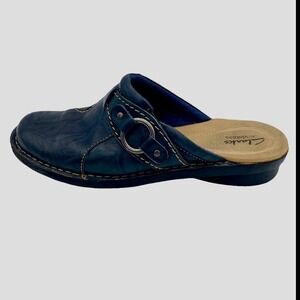 Clarks Bendables Leather Mules Gray Blue Buckle Slip On Wedge Comfort Work
